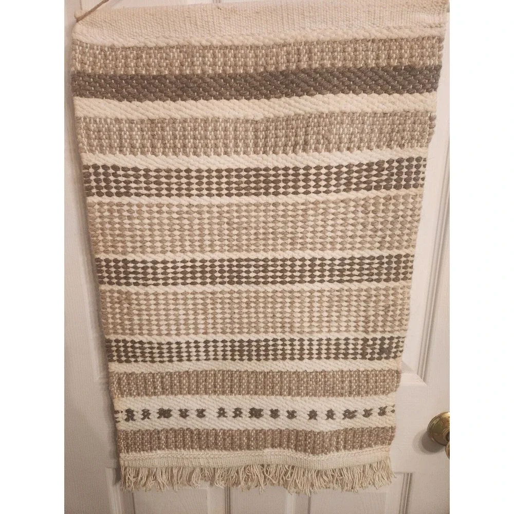 Bottom Fringe Textured Woven Wall Hanging Fabric Art Boho‎ Decor Tan Cream Beige